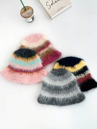 Zebrarandig fluffig hinkhatt, unisex retro varm mångsidig plyschhatt med litet ansikte, höst-/vinterkläder för kvinnor