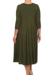 Plus Size Casual 3/4 Sleeves Basic A-Line Pleated Solid Midi Dress  Wedding - 橄欖綠 - 查看 4