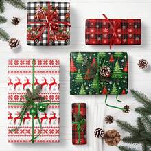 4 张圣诞包装纸 - 节日礼品包装纸，白色和黑色格子配卡车，黑色和红色格子配雪花绿色圣诞树，鹿圣诞设计，适合圣诞节、生日、节日、派对、迎婴派对 - 每张 19.7 英寸 X 27.5 英寸 - 彩色 - 查看 5