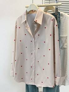 Plus Size Women's Heart Print Striped Polo Shirt - Casual Long Sleeve Blouse For Daily Wear, Spring Summer Fall Vacation
