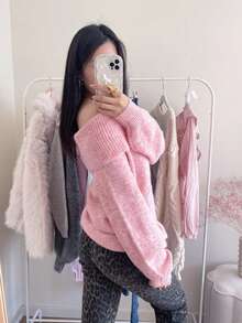 2025秋冬露肩翻领露背针织衫，简约时尚，适合约会和日常穿着，时尚优雅的粉色女装 - 粉色 - 查看 8