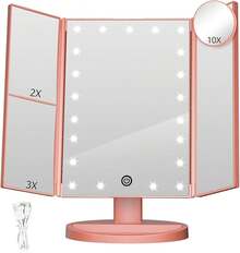Espejo De Maquillaje Tríptico, Espejo luz led Maquillaje HD con 22 Luces LED,Espejo con Luz para Makeup con USB Cable, Espejo para Maquillaje con Aumentos, Base con Movimiento 180 ° ,Oro rosa - Oro rosa - Ver 11
