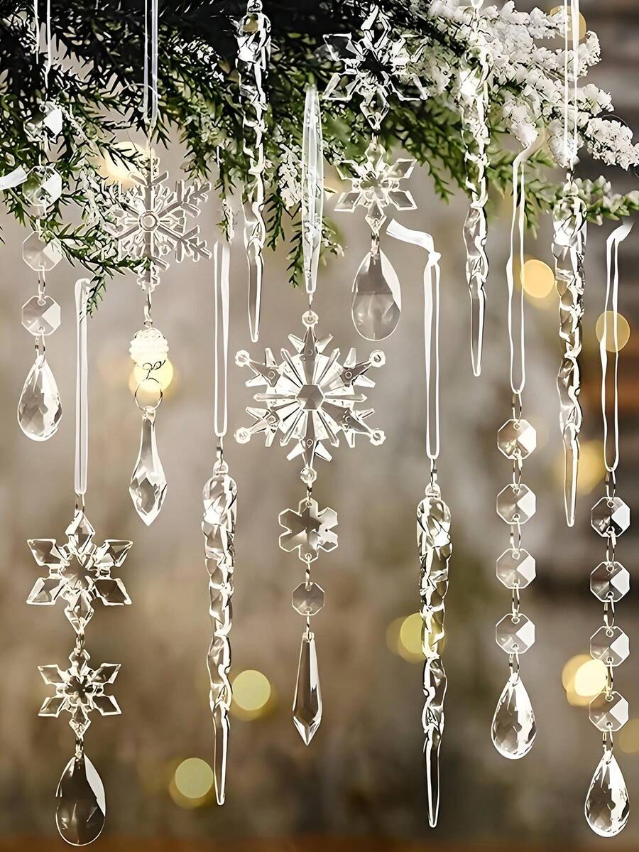 5/10/20 قطعة من زينة شجرة الميلاد بقلادات بلورية، ديكورات عيد الميلاد الرائعة، قلادات بلورية شفافة من الاكريليك على شكل جليد وثلج للأعياد، مناسبة لزينة شجرة الميلاد، قلادات بلورية على شكل ثلج وجليد معلقة من الاكريليك، مناسبة لزينة شجرة الميلاد وإمدادات حفلات السنة الجديدة والشتاء