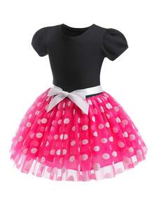 女童波尔卡圆点印花短袖公主可爱泡泡袖连衣裙，夏季 - 玫紅色 - 查看 2