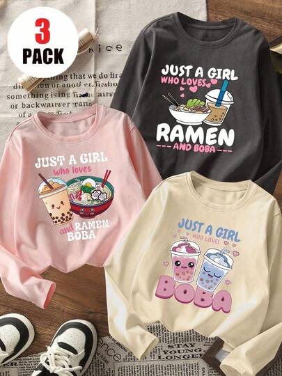 3件套少女印花长袖T恤，适合秋冬季叠穿，年轻学生服装，可作外衣或内搭。