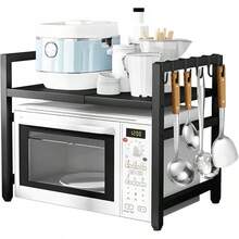 Estante para Microondas Organizador de Cocina, Estante Extensible de 3 Niveles con Ganchos para Utensilios, Tabaquera y Portatablas,Soporte para microondas para Cocina Negro - H - Ver 13