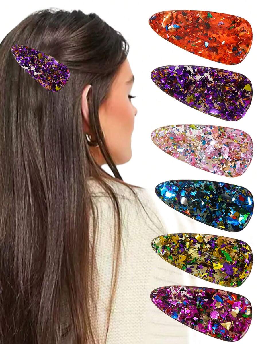 6pcs Colorful Sequin Acrylic Water Drop Shaped Hair Clips, Girl's Bangs/Side Hair Clips, Suitable For Street, Party, Wedding, Birthday, Valentine's Day, Thanksgiving, Best Gift, Hair Clips Claw, Hair Claws, Hair Slide, Hair Barrettes, Bobby Pin, Crocodile Clip, Y2k Outfit