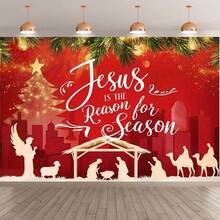 Peinture décorative religieuse de Noël, présentant la scène de la Nativité, l'arbre de Noël et la ville, interprétant "Jésus est la raison de la saison", exprimant pleinement le sentiment religieux des fêtes, transmettant la foi du festival, convenant pour l'arbre de Noël, l'atmosphère des fêtes.