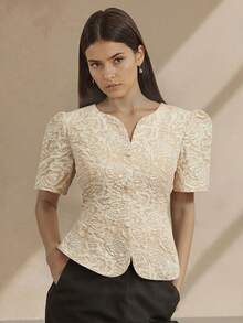 Myenjoylife Modern Filipiniana Ladies' Elegant Temperament Jacquard Bubble Sleeves Short Sleeved Cardigan