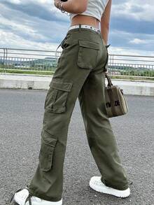 Women's Mid-Rise Wide-Leg Work Jeans With Work Pockets, Built-In Zipper, Pockets, Button, Casual, Street Style. - xanh quân đội - Xem 2