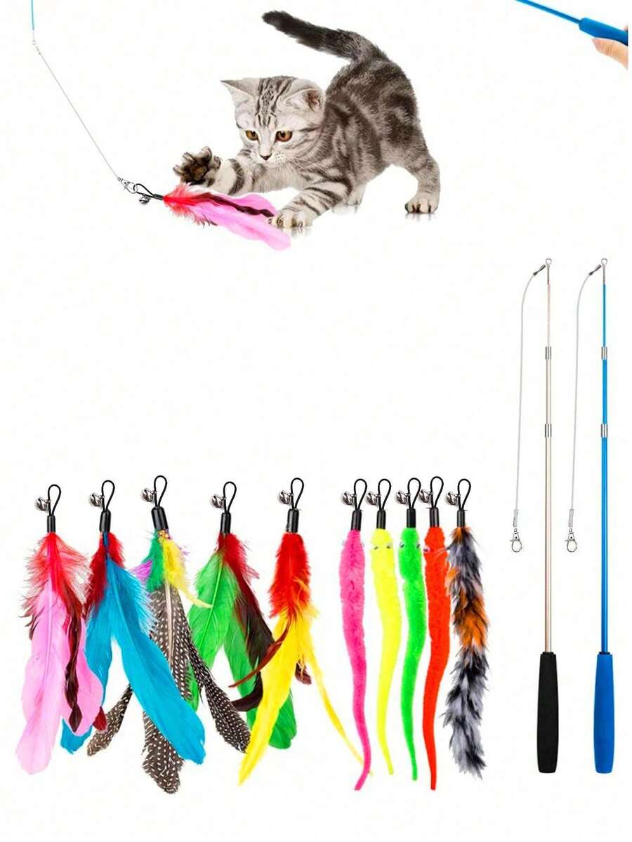 Katzenspielzeug, Katzenspielzeug-Set, bunte künstliche Federn, Angelrute, Raupe mit Glöckchen, austauschbarer Kopf am Spielstab, für Innen- und Außenbereich verwendbar, zum Training, Selbstbeschäftigung, Langeweile vertreiben (Blau, Schwarz. (Farbe des Ersatzkopfes ist zufällig). - Verschiedenfarbig - Übersicht 1