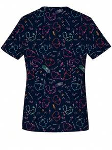 Women's Heart Print V-Neck Short Sleeve Nurse Uniform Top With Pockets, Spring/Summer - Multicolor - View 2