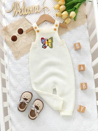 1 st elfenbensfärgad babysparkdräkt med fjärilsbroderi, trendig haklappsoverall för vardagsbruk