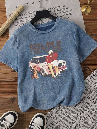 Summer New Style Summer Tops For Women, Plus Size, Snow-Washed Cotton, Round Neck, Short-Sleeved T-Shirt, Vintage Car Pattern Printing, Sweet And Gentle Temperament, Plus Size Summer Tops, Graphic Tees, Women's Summer Outfits For Women