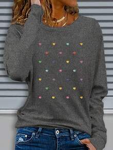Christmas Christmas Outfit Women Christmas Decor [Soft Women's T-Shirt] Soft Beige Women's Casual Long Sleeve Crew Neck T-Shirt |   Colorful Heart Graphic Print, Machine Washable, Regular Fit Top For Fall & Winter, Comfortable Texture Long Sleeve Tops Women Winter Clothes For Women Fall Clothes For Women - Đỏ - Xem 6