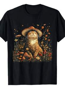 Men'S Dark Cottagecore Aesthetic Cat & Mushroom Graphic T-Shirt - Soft Cotton, Crew Neck, Short Sleeve, Casual Outdoor & Casual Attire, Spring/Summer/Fall, Cat Tshirt - Black - View 6