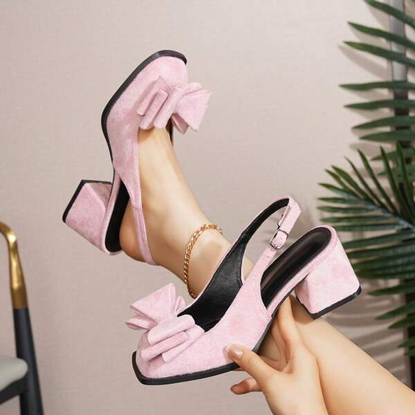 Mary Jane Shoes New Arrival Women's Closed Toe High Heels Thick Heel Strap Pink Fairy Versatile Bow Velvet Square Toe Mary Jane Sandals Size 32-45