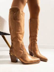 VIKIVIKI SHOES Women's Tall Cowboy Boots, Long Shaft, Elegant Design, Fine Toe, Wide Heel, Durable Sole, Comfortable For Casual Wear Or Special Events. Estimated Delivery: 1-3 Business Days (Peninsula). - 駝色 - 查看 4