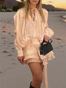 فستان قميص بأكمام فانوس مزدوج الطبقة بياقة كشكشة مربوطة على الطراز الألفية، لا يشمل الحزام، ملابس عيد الميلاد الأنيقة والجذابة للسيدات، فستان عيد الميلاد، فستان ضيف الزفاف، مناسب للمناسبات الرسمية#ليلة الجالا #فستان الخريف #الخريف الأنيق