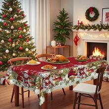 1 pieza Mantel de Navidad - Muñeco de nieve vintage, reno, árbol de Navidad en paisaje nevado - Colores festivos rojos - Tela de poliéster - Se adapta a mesas rectangulares, redondas y de comedor - Decoración para fiestas, hogar y restaurantes - Decoración navideña de fácil limpieza