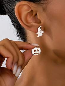 2 Pairs Halloween Party Pumpkin & Ghost Stud Earrings Set For Women