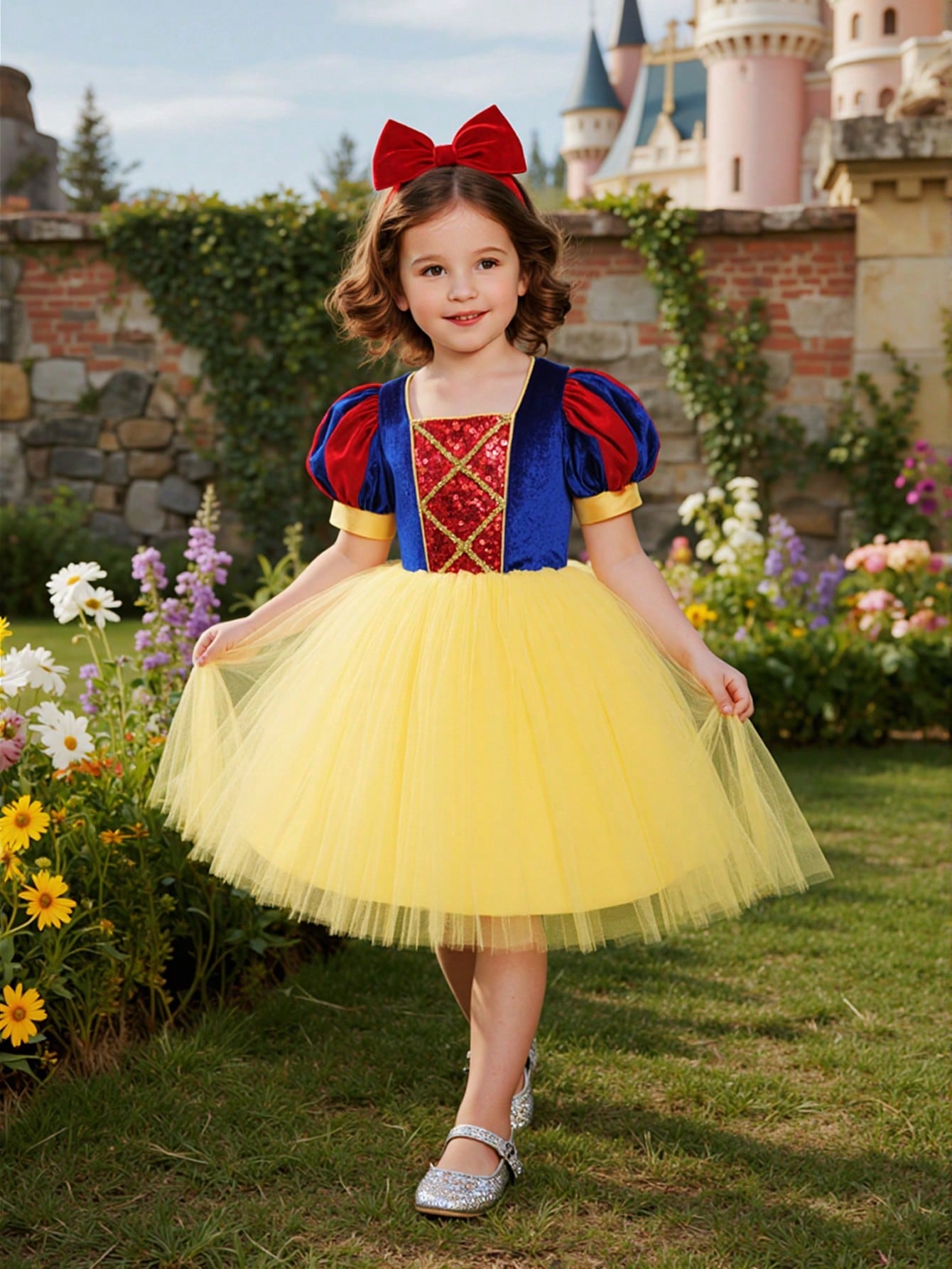 Young Girl Sequin Patchwork Contrast Color Tulle Puffy Princess Dress, Elegant