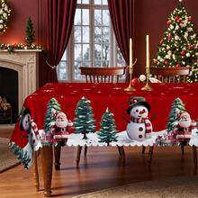 1 pieza Mantel de Navidad - Diseño de Papá Noel, Muñeco de Nieve, Árbol de Navidad sobre fondo rojo con decoración de copos de nieve - Tela de poliéster - Se adapta a mesas rectangulares, redondas y de comedor - Decoración de fiesta, hogar y restaurante de invierno - Fácil de limpiar decoración navideña