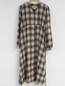 Vestido retro de manga larga con estampado a cuadros y cintura con cordones al estilo de Hong Kong para mujer, ideal para que las estudiantes lo lleven en otoño e invierno con un abrigo, vestido camisero de largo medio. - Caqui - Ver 6