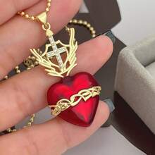 Collana con pendente smaltato a forma di croce rossa e cuore sacro, gioiello di moda religioso da donna, adatto per uso quotidiano
