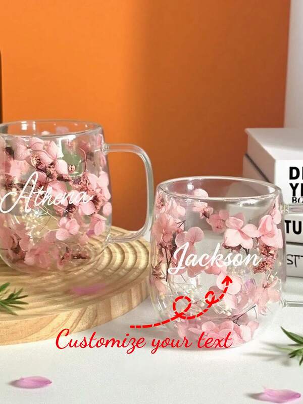 Tazas de vidrio hechas a mano con flores secas reales, taza de vidrio floral personalizada con nombre o texto personalizado, juego de vajilla botánica para café o té, decoración del hogar, renovación otoñal del hogar