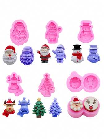 1 buc matriță din silicon lichid roz, matriță de Crăciun cu mini Moș Crăciun, om de zăpadă, brad de Crăciun, ren, rășină epoxidică, potrivită pentru accesorii de bijuterii din rășină lucrate manual DIY, brelocuri, pandantive, decor auto, decorațiuni de Crăciun