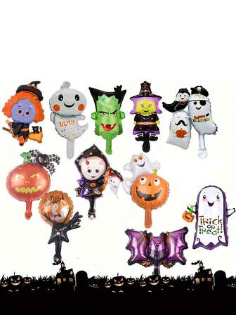 10 piezas de mini globos de Halloween, estilos aleatorios que incluyen calavera, calabaza, murciélago, araña, decoración de Halloween, accesorios de truco o , decoración de tema interior