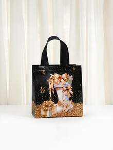 12 pungi de cadouri festive de Crăciun - model cu om de zăpadă, brad și șosetă, negre și aurii cu mânere, genți tote nețesute pentru petreceri de sărbători, pungi de cadouri de Crăciun