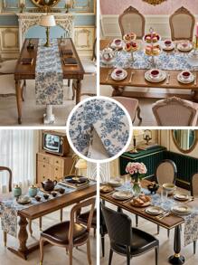 1pc Vintage Blue Rose Floral Table Runner, Boho, Sideboard, Shoe Cabinet, Coffee Table Cover, Washable, Dining Table Decor, Suitable For Living Room, Dining Room, Party, Outdoor, Holiday Decoration, Indoor/Outdoor, All Seasons, Autumn Decor