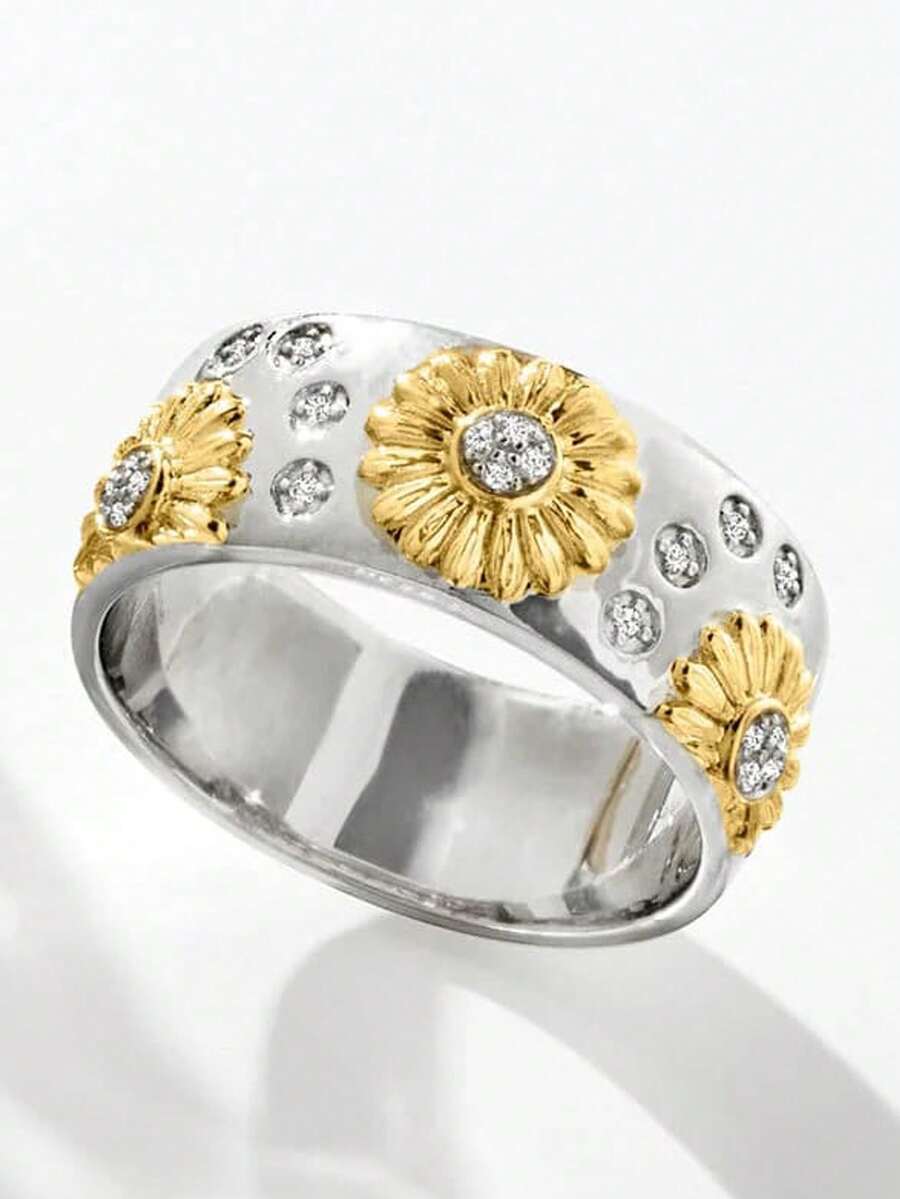 1pc Bohemian Vintage Plated Dual-Tone Sunflower Cubic Zirconia Women's Ring, Engagement Jewelry Suitable For Men And Women, Gift For Family/Friends/Lover