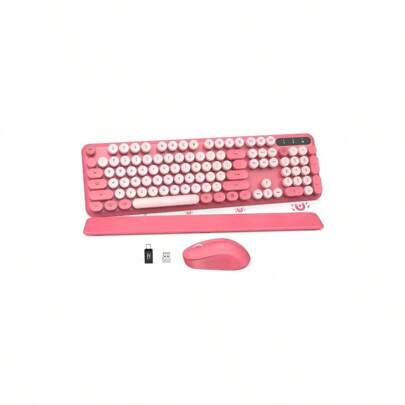 Wireless Keyboard And Mouse Combo - Round Keycaps, Full - Size Retro Typewriter Keyboard With Detachable Wrist Rest, Sleep Mode Tilt, 2.4GHz Cordless Connection PC Hot Pink