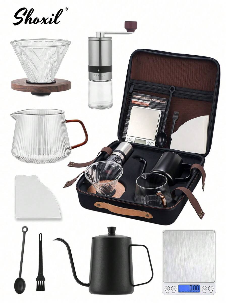 shoxil 8pcs Camping Coffee Set, Drip Coffee Maker Kit, Hand Drip Coffee Maker Set With Portable Case, Including Dripper, Coffee Pot, Filters And Coffee Spoon - Black - View 1