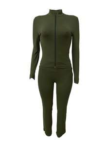 Autumn/Winter European And American Style Women's Fashion Zip-Up Cardigan, Fitted Top And Loose Wide-Leg Pants Set - Army Green - View 4