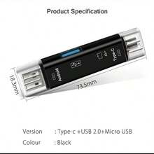 五合一多功能 USB 3.0 Type C、Micro USB、SD、TF 读卡器，兼容 Android、智能手机、电脑、扩展坞、OTG Type C 适配器 - 黑色 - 查看 5