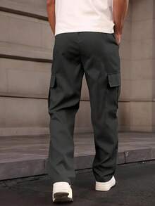 1pc Tween Boys Solid Color Drawstring Waist Cargo Pocket Straight Casual Pants,Casual Daily Wear - Black - View 2