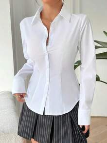 Women's Classic White Polyester Long Sleeve Shirt Collar Blouse, Regular Fit Spring - White - View 2