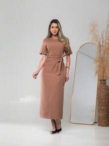 Long Dress With Short Sleeves With Belt Formal And Evening V775 - Marrón Mocha - Ver 1