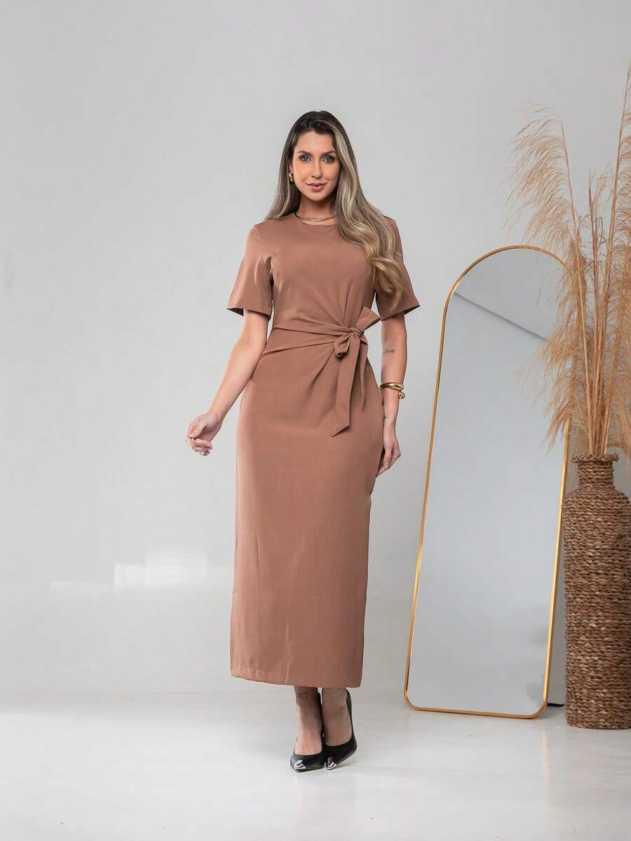 Long Dress With Short Sleeves With Belt Formal And Evening V775 - Marrón Mocha - Ver 1