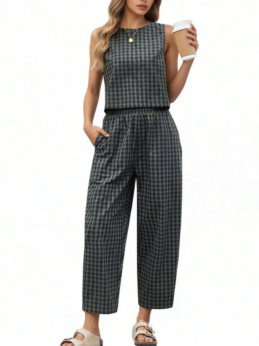 Women Plaid Sleeveless Cropped Tee And Wide Leg Pants Two Pieces Set Casual Round Neck Outfit - 軍綠色 - 查看 1