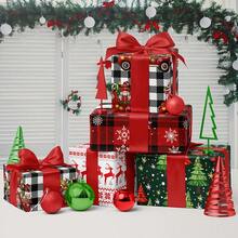 4 张圣诞包装纸 - 节日礼品包装纸，白色和黑色格子配卡车，黑色和红色格子配雪花绿色圣诞树，鹿圣诞设计，适合圣诞节、生日、节日、派对、迎婴派对 - 每张 19.7 英寸 X 27.5 英寸 - 彩色 - 查看 4