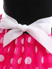 女童波尔卡圆点印花短袖公主可爱泡泡袖连衣裙，夏季 - 玫紅色 - 查看 4