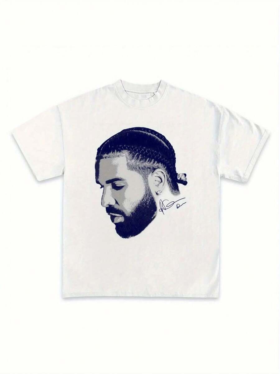 Drake Rapper Graphic White Cotton-Shirt - Unisex Hop Style Crew Neck Short Sleeve, Loose Fit Casual Sports Tee Men & Women, All-Season Comfort, Hop Shirt, Streetwear Fashion, Urban Fashion, Soft Material, Streetwear Lovers - 黑色 - 查看 1