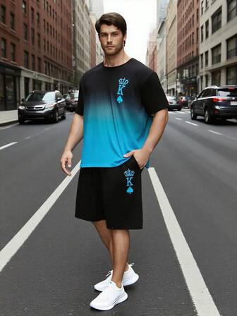 AICJ 2 件男士休闲睡衣套装，皇冠和扑克牌心形图案 T 恤和短裤睡衣套装，适合春夏季，清凉浅蓝色