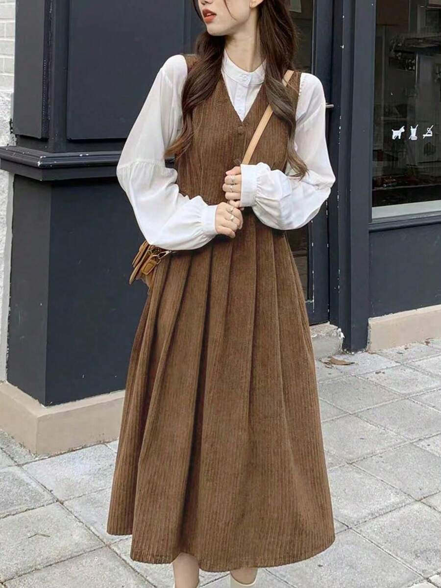 Sweet Mori Style Mid-Length A-Line Dress, V-Neck Suspender Dress Suit For Women, Autumn