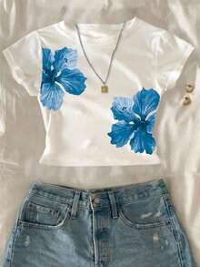 Playera multicolor de mujer con estampado floral hibiscus moderno - Blanco3 - Ver 1